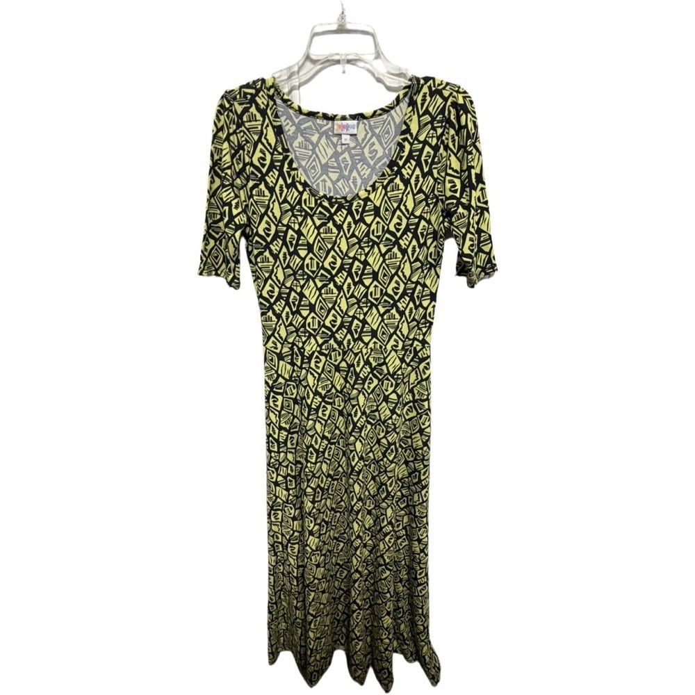 Lularoe Ana Maxi Dress Black & Yellow Abstract Mosaic Pattern Small Cottage Core